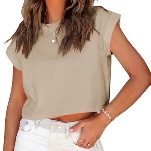 Tankaneo Short Sleeve Cropped T-Shirts Khaki Sz. Medium NWOT